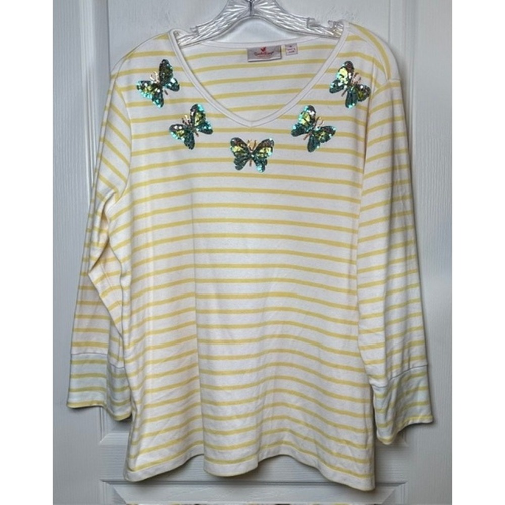 Quaker Factory Women's Yellow Stripe Butterfly Sequins V-Neck Blouse XL Spring